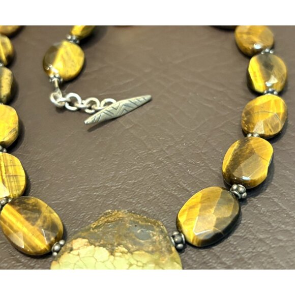 VINTAGE 925 Sterling Silver Tiger’s Eye Bead Turquoise Slice Chunky Necklace - Picture 3 of 10
